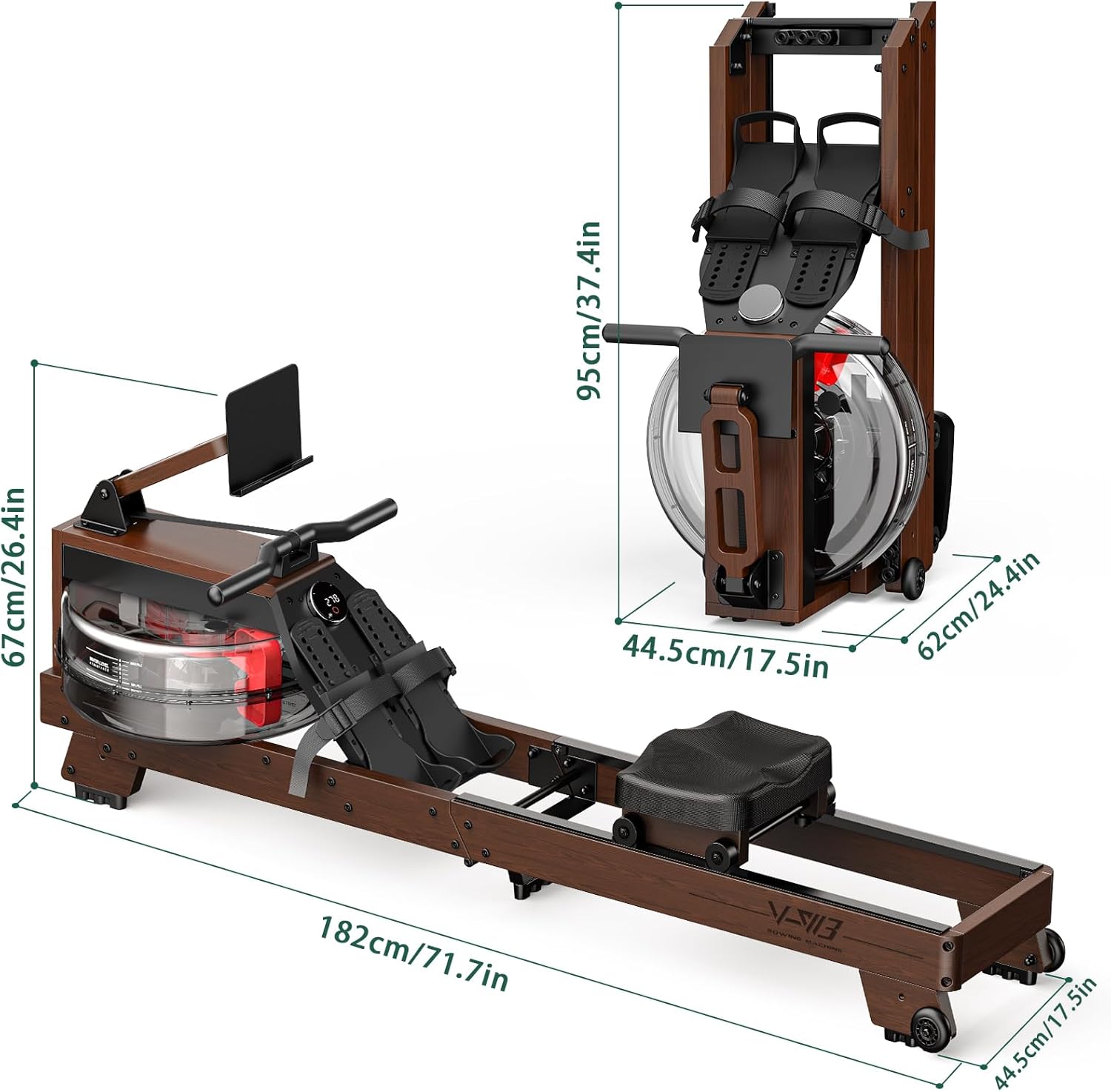 Detailed dimensions of the VOWVIT V-W3 rowing machine in both unfolded and folded states.