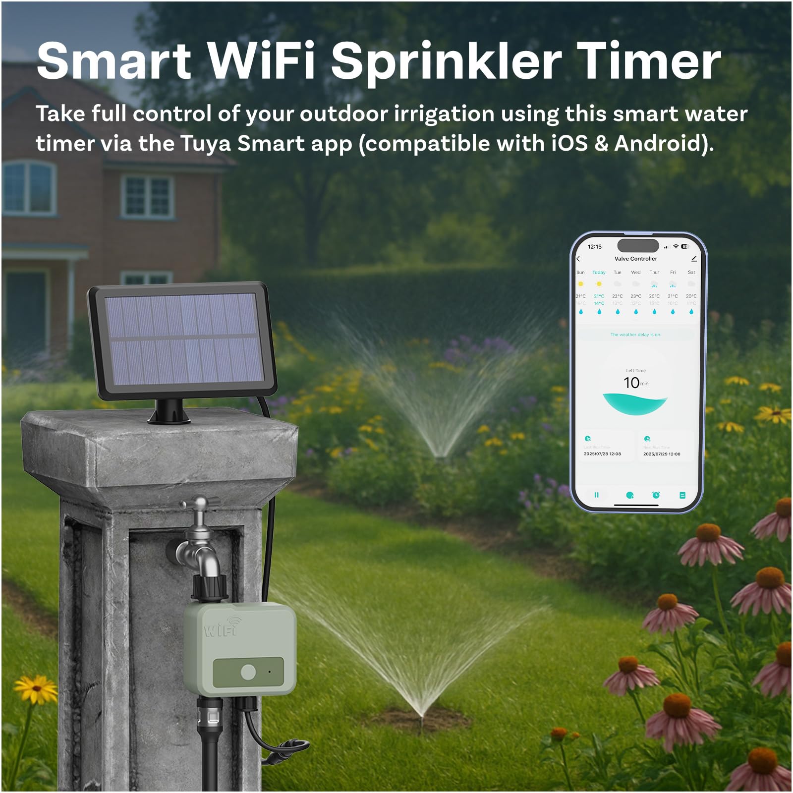 Smart WiFi Sprinkler Timer by MMOBIEL, Solar & USB Powered Watering Controller, Irrigation System, 30m Wireless Range - Image 2