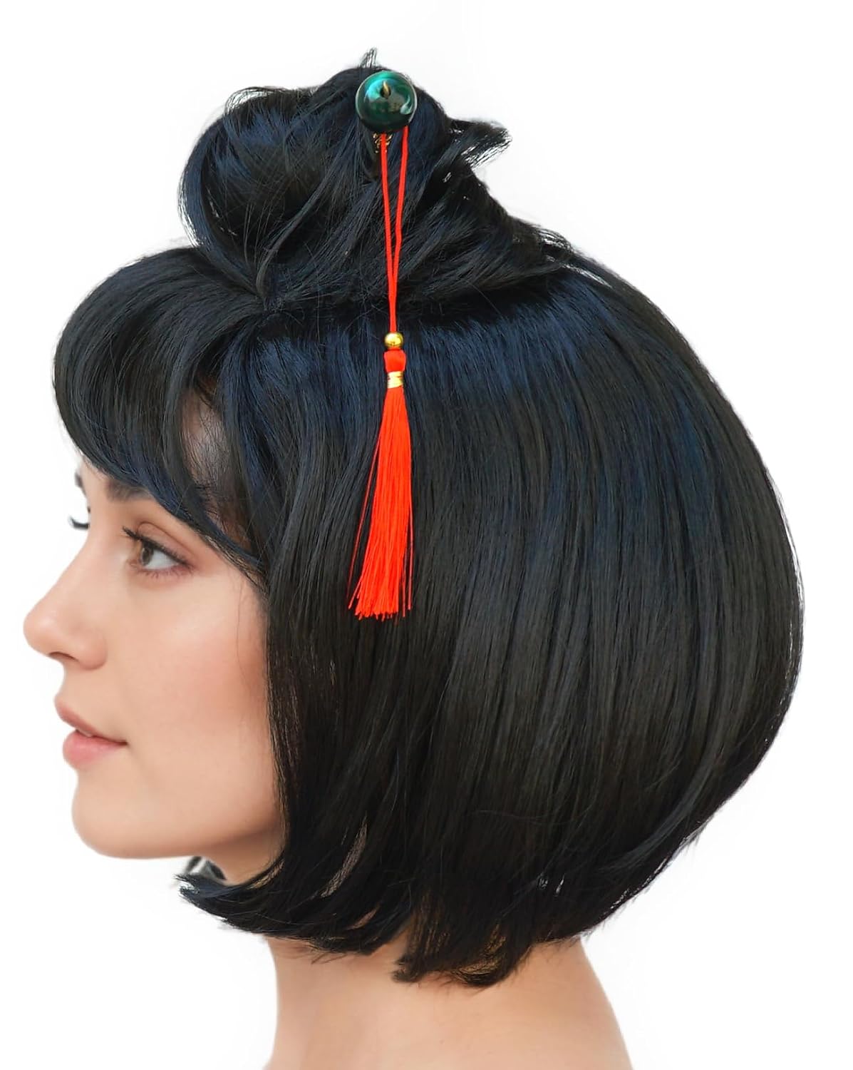Witty Emporium Geisha Wig Black Adult Teen Glamour Short Japanese China Girl Asian Bob Bangs Topknot Bun Updo Hair Picks Costume Accessory Deluxe