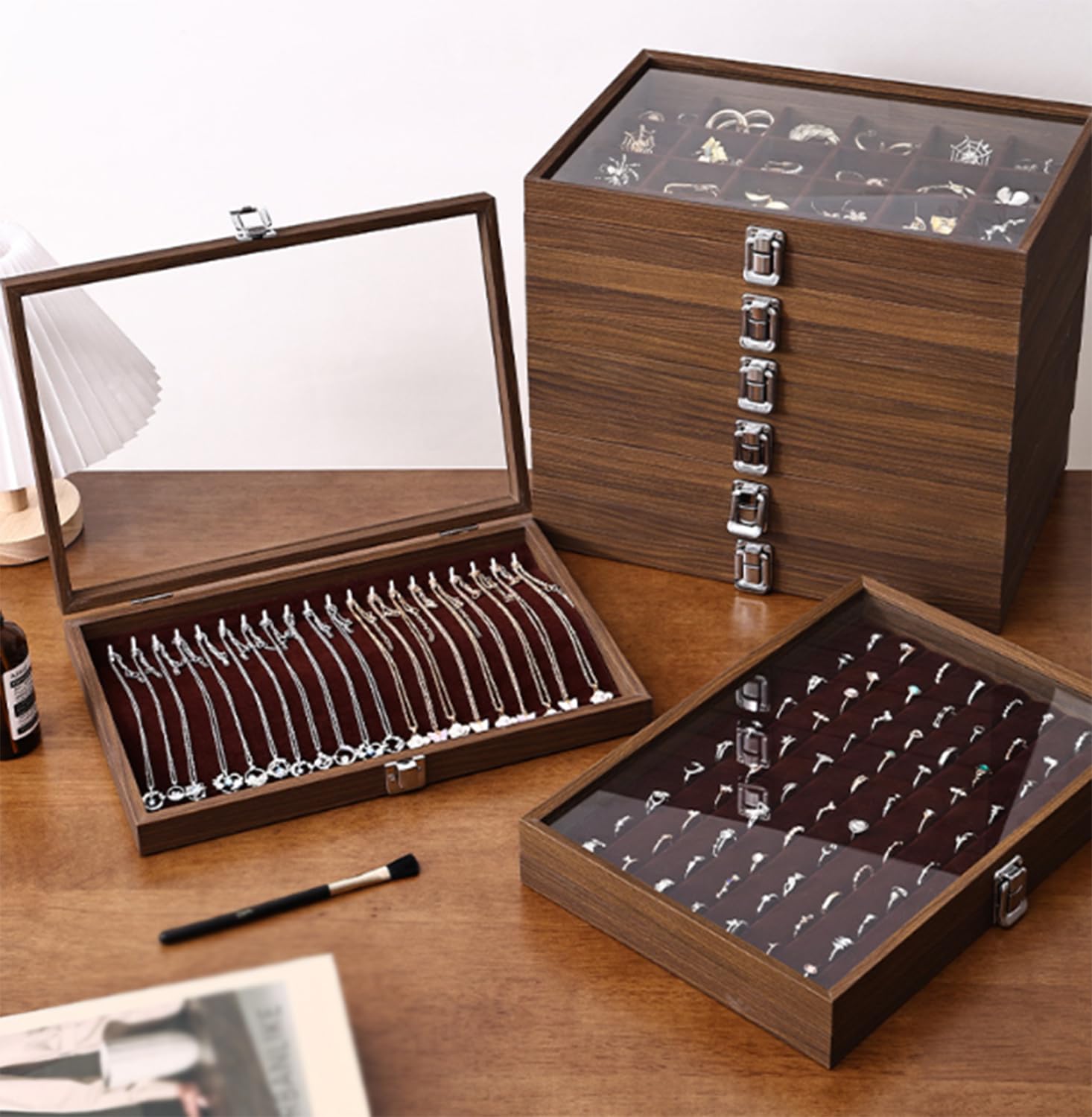 Scatola portagioie coperchio trasparente, vassoio espositivo gioielli donna | Custodia organizer per gioielli ad alta capacità, ideale per bracciali, anelli e collane