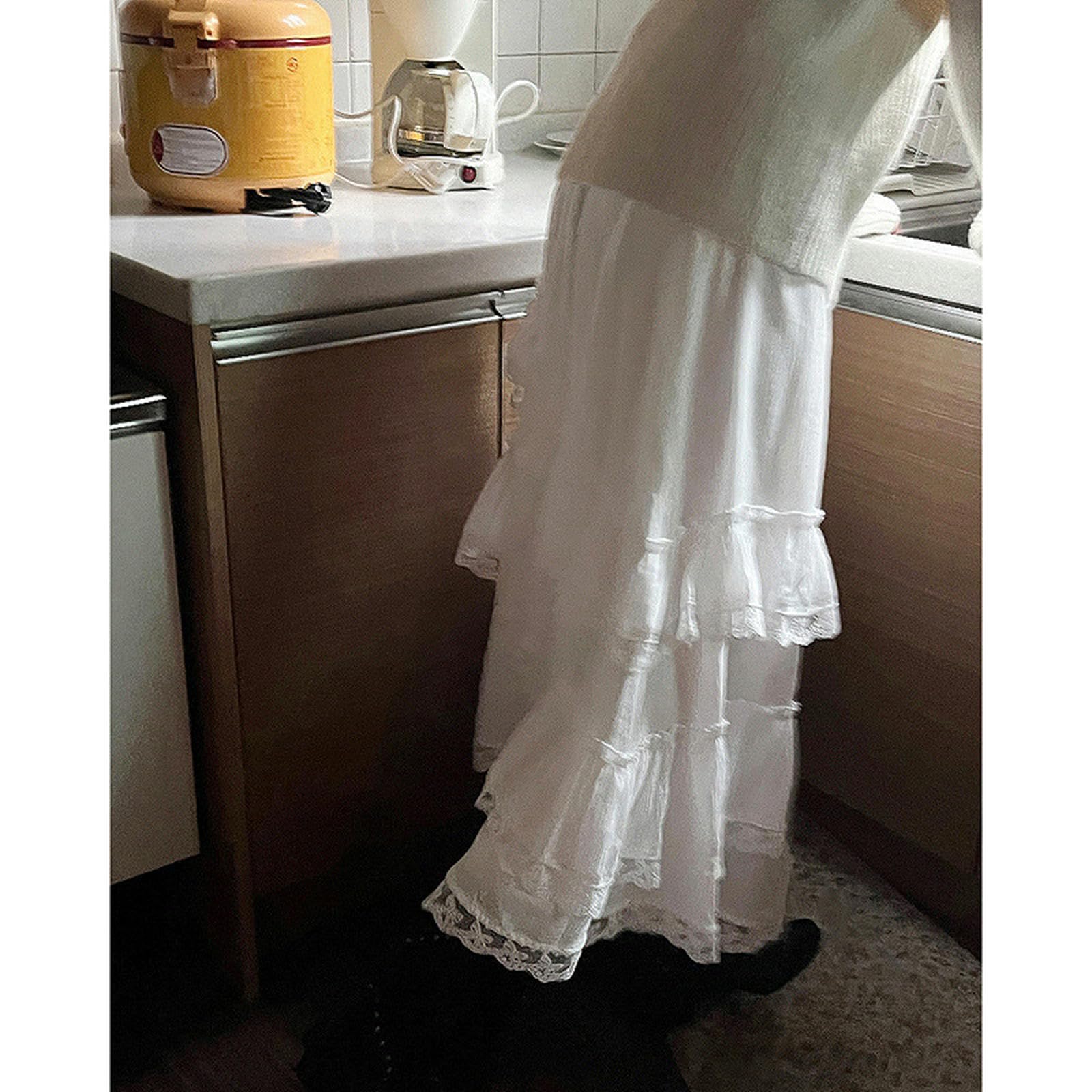 Falda de Encaje con Retazos de Encaje para niñas, Elegante, de Moda, Larga, de Princesa, Color Blanco, Talla S