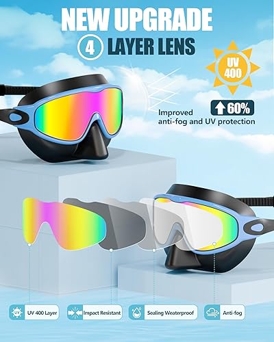 Vista 8 de Aegend Gafas de natación con cubierta para la nariz, paquete de 2 máscaras de natación de visión amplia, antivaho/UV 03-negro, verde claro