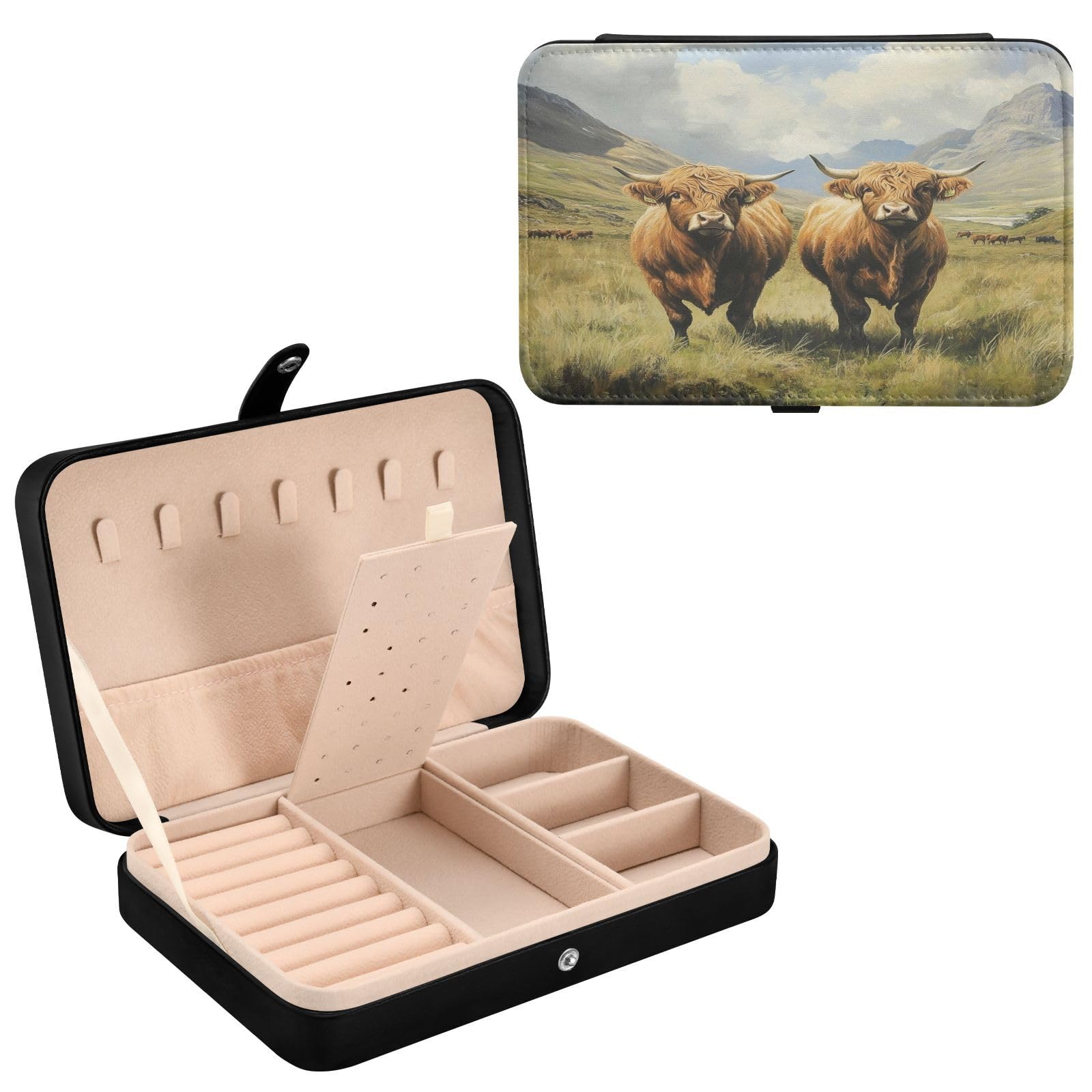 Haskirky Highland Cow Jewelry Box Portable PU Leather Travel Jewelry Organize for Women Jewelry Storage Display Holder for Ring, Necklace, Earring