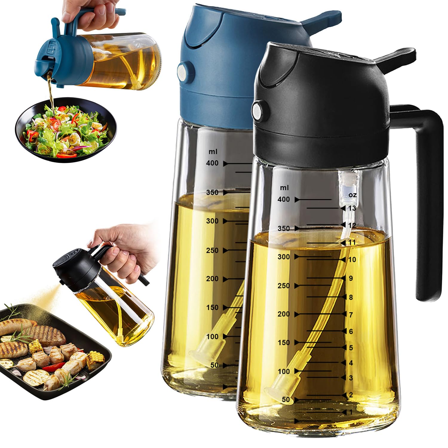 TrendPlain 16oz/470ml Glass Olive Oil Sprayer for Cooking – 2 in 1 Olive Oil Dispenser Bottle for Kitchen Gadgets and Air Fryer Accessories, Salad, BBQ - Black & Navy