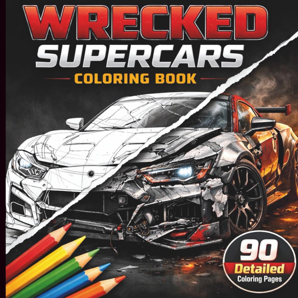 Wrecked Supercars Coloring Book: Realistic Damaged Sports Cars Coloring Pages for Teens, Adults & Car Enthusiasts