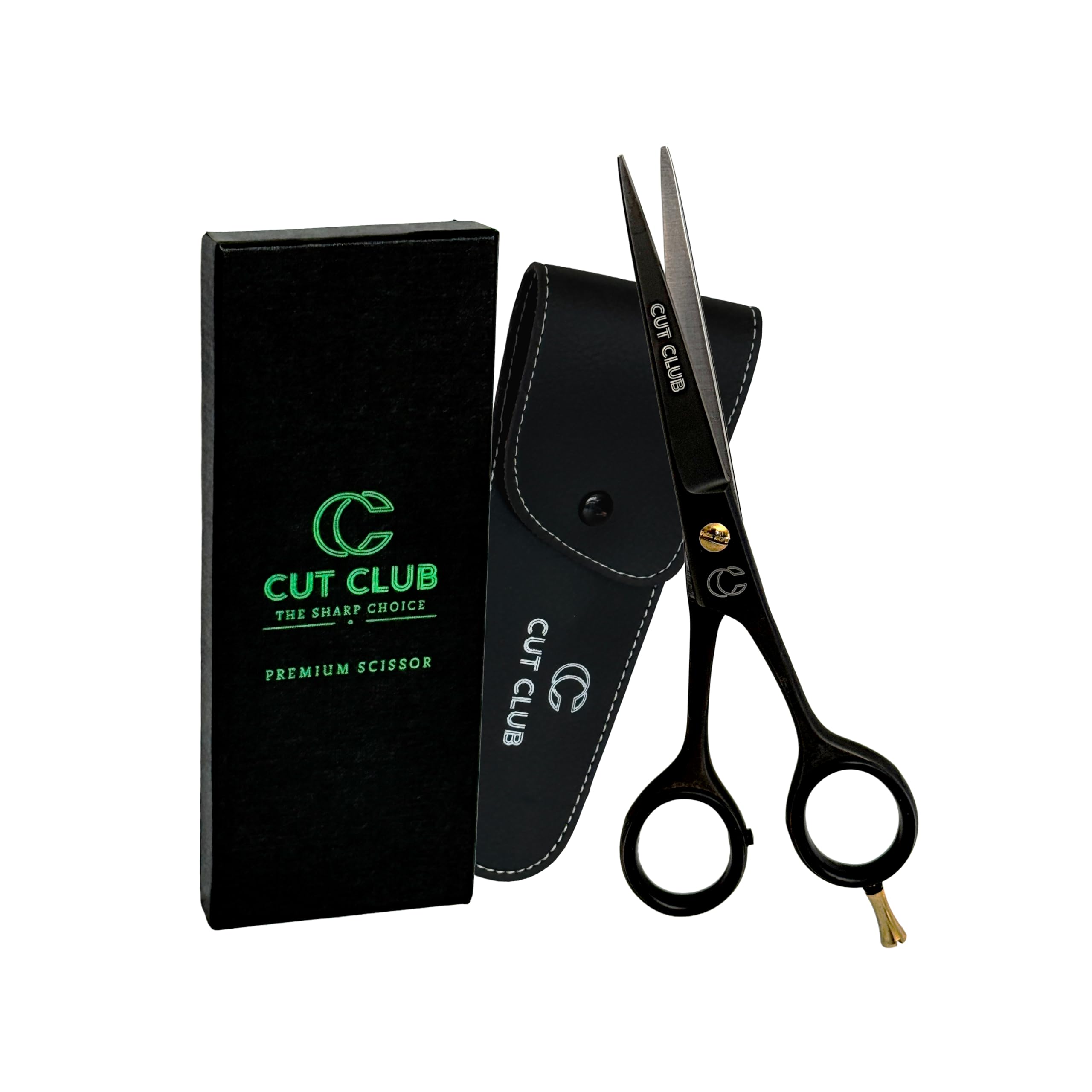 Professional Hair Cutting Scissors, 6.5 Inch Stainless Steel Barber Shears with Adjustable Screw, Round Tips, Black Matte Finish, Includes Leather Pouch and Finger Rings (Black)