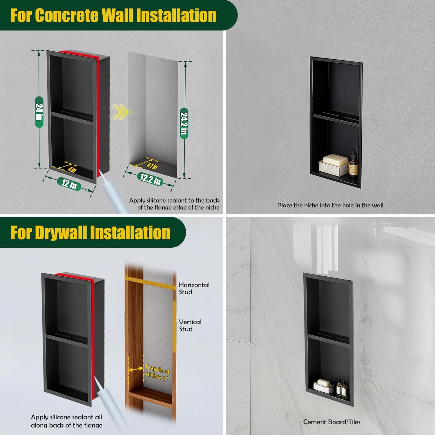 EasyVibe Matte Black 304 Stainless Steel Shower Niche 24 x 12 Inch, No Tile Needed Double Shelf Recessed Shower Wall Insert, Waterproof Bathroom Organizer for Toiletries & Storage