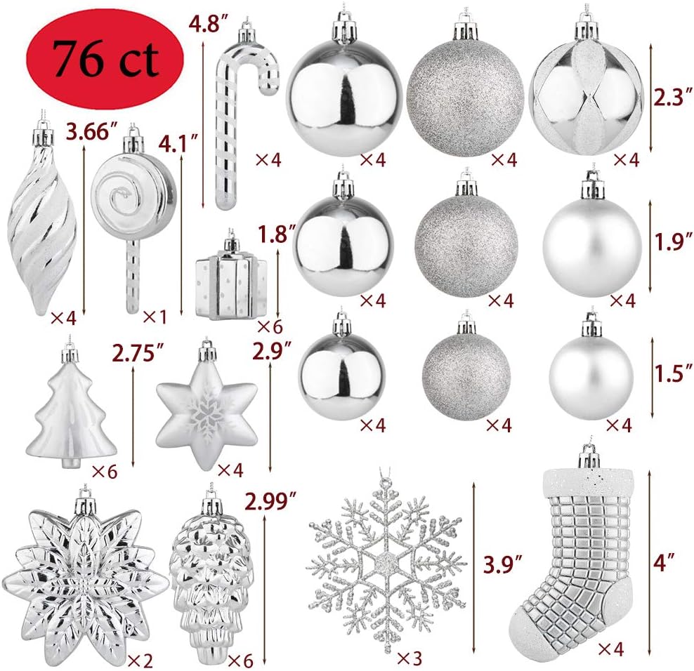Sattiyrch 76ct Christmas Tree Ornaments Set,Silver Shatterproof Christmas Balls Decorations,Xmas Decorative Hanging Ornaments(Silver)