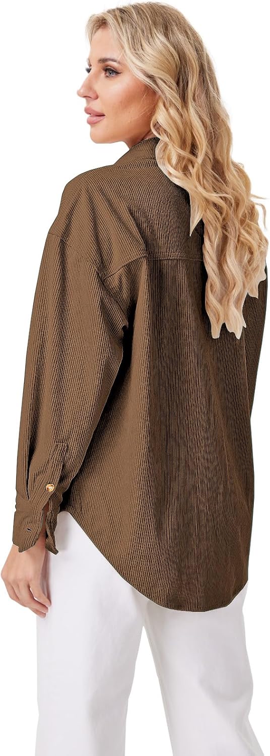 Womens Corduroy Button Down Shirts Long Sleeve Oversized Boyfriend Casual Blouses Tops - Image 5