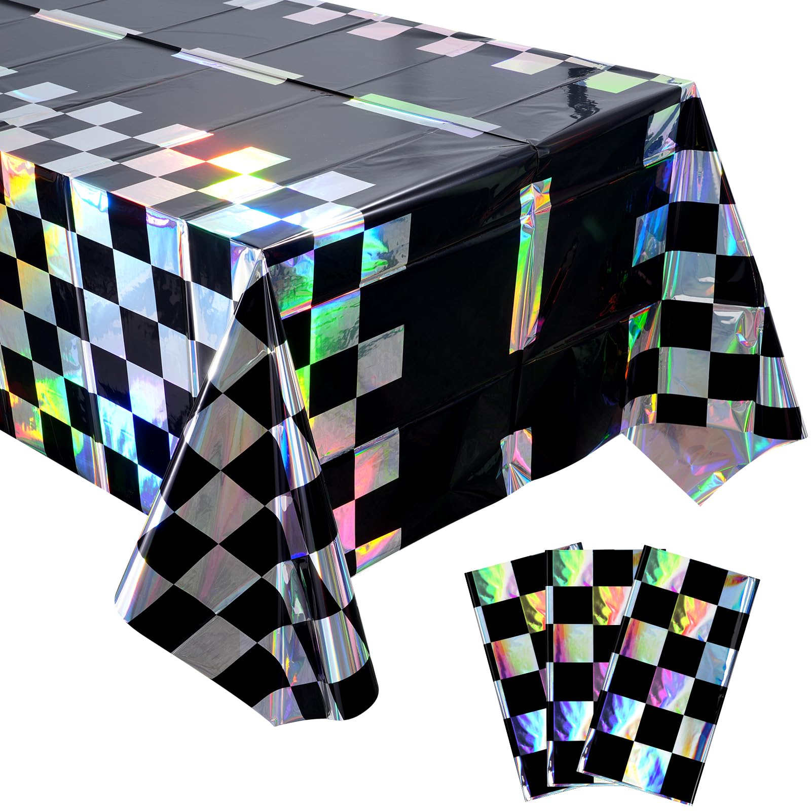 Photo 1 of 3 Pack Iridescent Race Car Checkered Plastic Tablecloth, Black and White Holographic Foil Racing Table Cover, Disposable Cars Table Cloth for Kids Boys Car Birthday Party Supplies Decor, 54 x 108 Inch