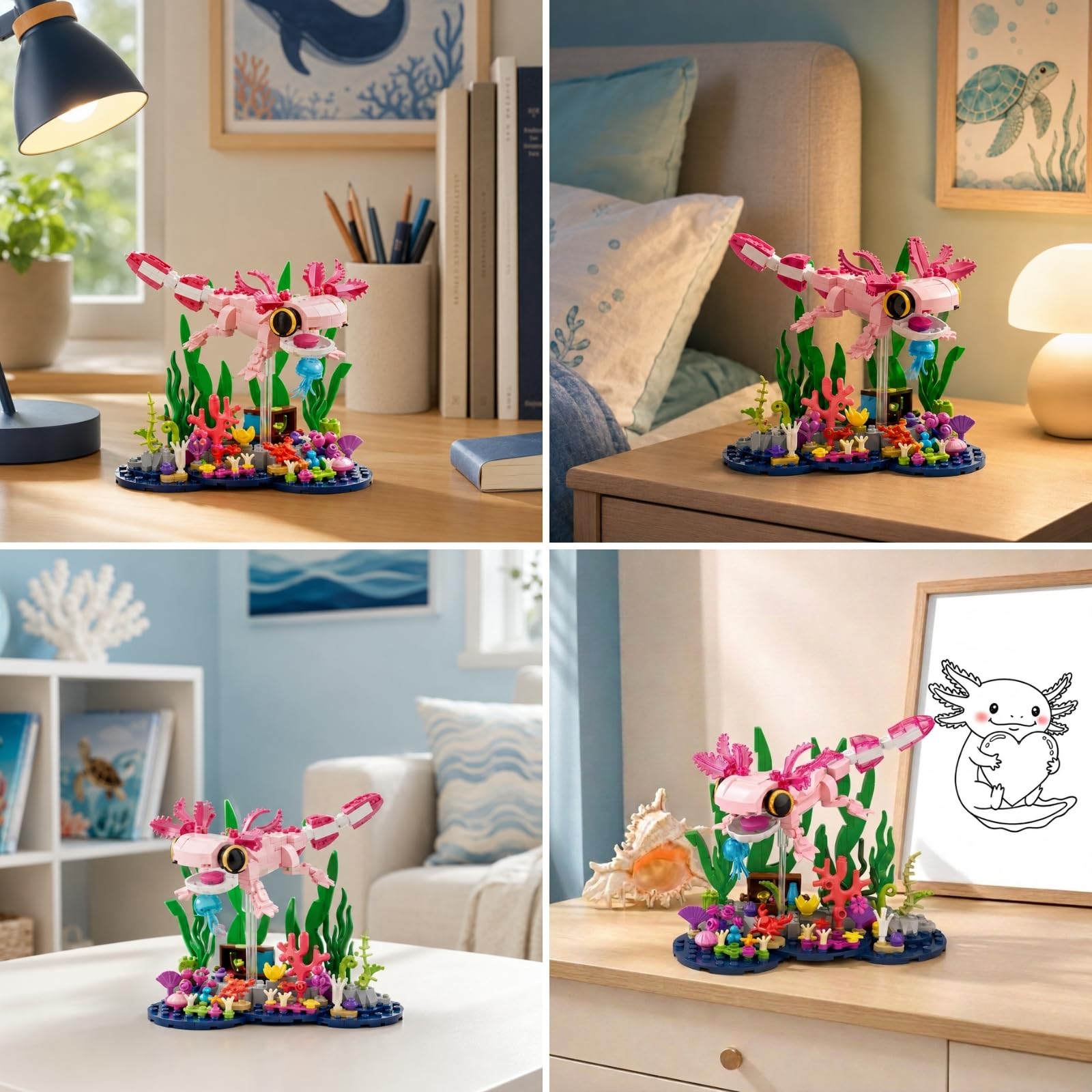Axolotl Giocattolo da costruzione, carino rosa Axolotl subacqueo acquario | Con Axolotl mobile, scrigno nascosto, scena corallo, idea regalo per compleanno Natale