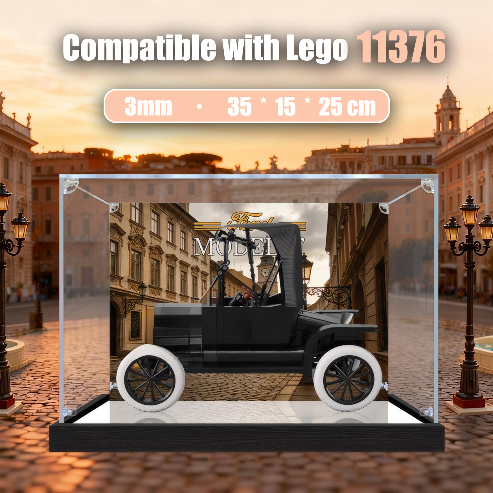 Vetrina in acrilico per modello 11376 Ford Model T, compatibile con Lego, scatola di immagazzinaggio trasparente antipolvere (modello non incluso) (Background Build + Mirror)