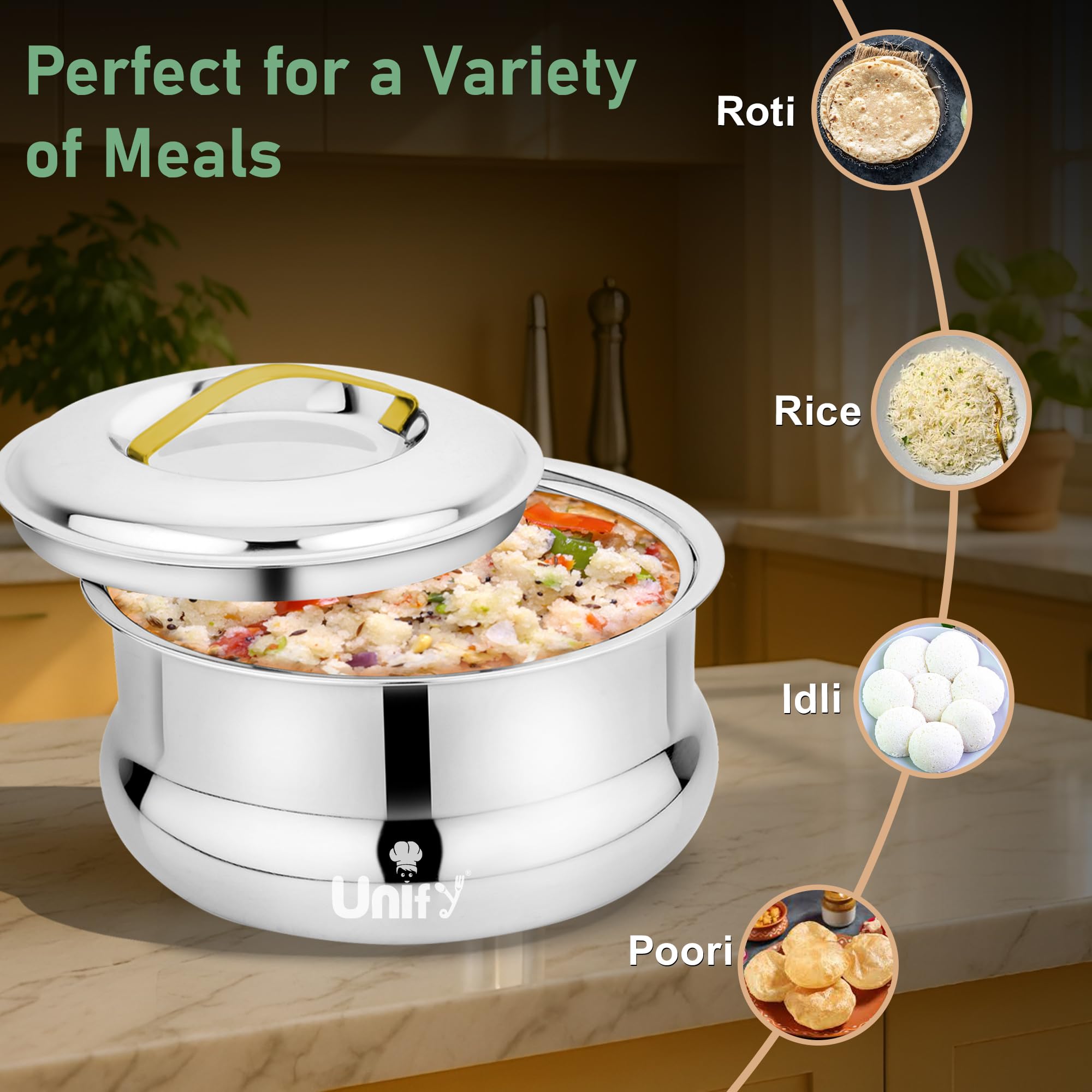 Unify Lumia Stainless Steel Insulated Casserole Hot Pot 2200ML | 3 Layer Thermal Body with PUF Coating | Mirror Finish Inner & Outer Steel | Keeps Food Hot & Fresh for Hours | Premium Serveware 2