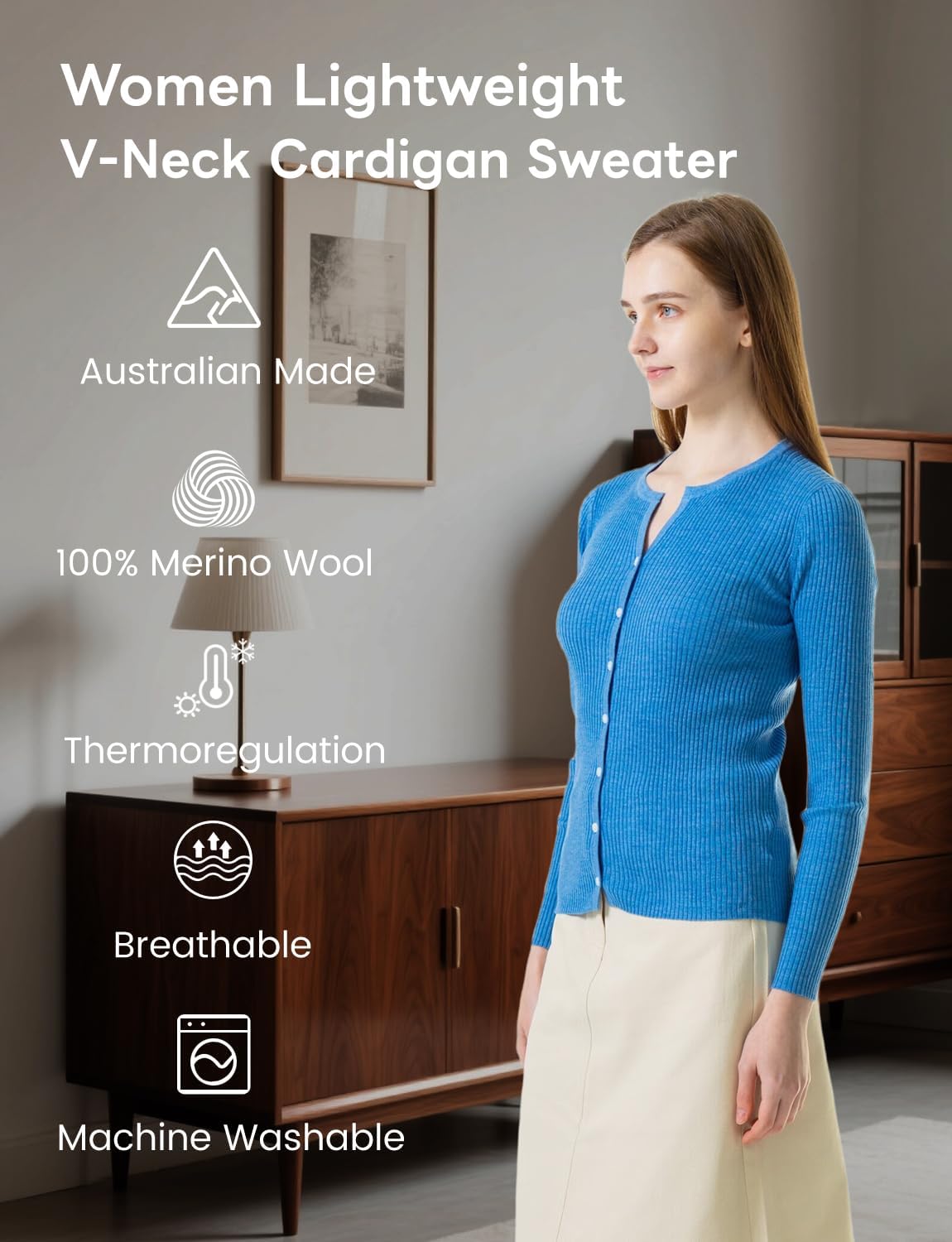 Women's 100% Merino Wool Sweater Women Cardigan, Lightweight Button Down V Neck Long Sleeve All Season Travel - Image 4