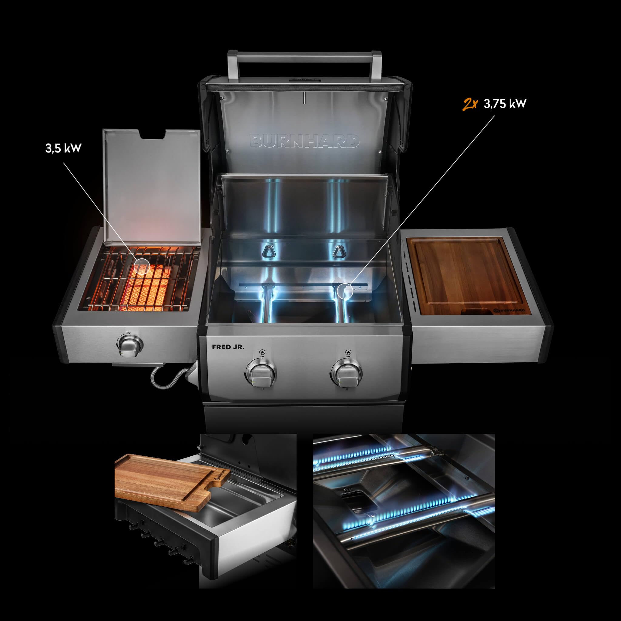 BURNHARD® Gasgrill 2-Brenner, 2x Edelstahl-Stabbrenner, 3,75 kW, Infrarot-Keramikbrenner, Seitentisch, Gussrost, Piezo-Zündung, kompakt, für 5 Personen – FRED Jr. Deluxe