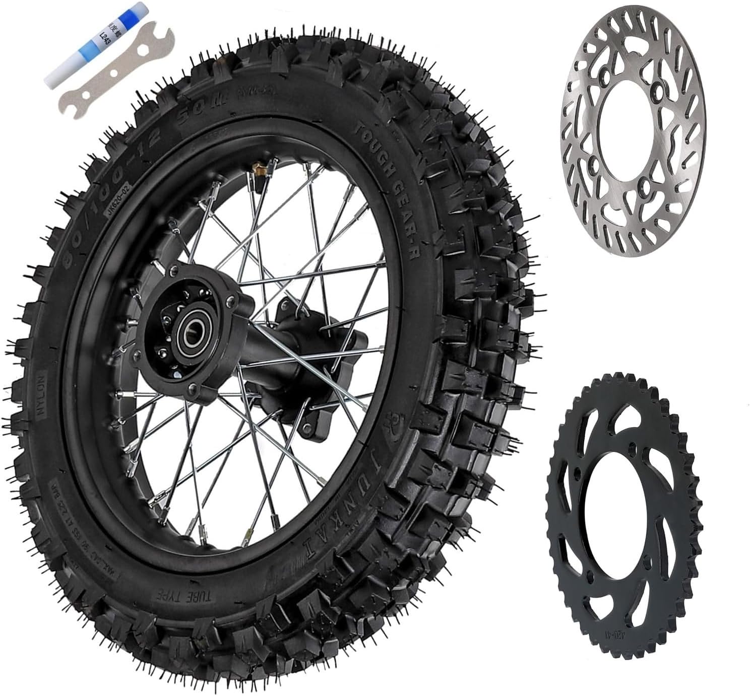 80/100-12 Complete Rear Wheel Kit – Tire, Rim, Inner Tube, 15mm Bearing & Chain Sprocket & Disc Rotor for Dirt Bikes, Pit Bikes, Scooters, Motocross, Off-Road Motorcycles (70cc-160cc)