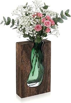 Flower Vases for Flowers, Glass Vases for Flowers, Elegant Handmade Decorative Flowers Vase with Wood Base, for Home Wedding Dinner Table Office Bedroom Modern Decoration, 9.4 In Height