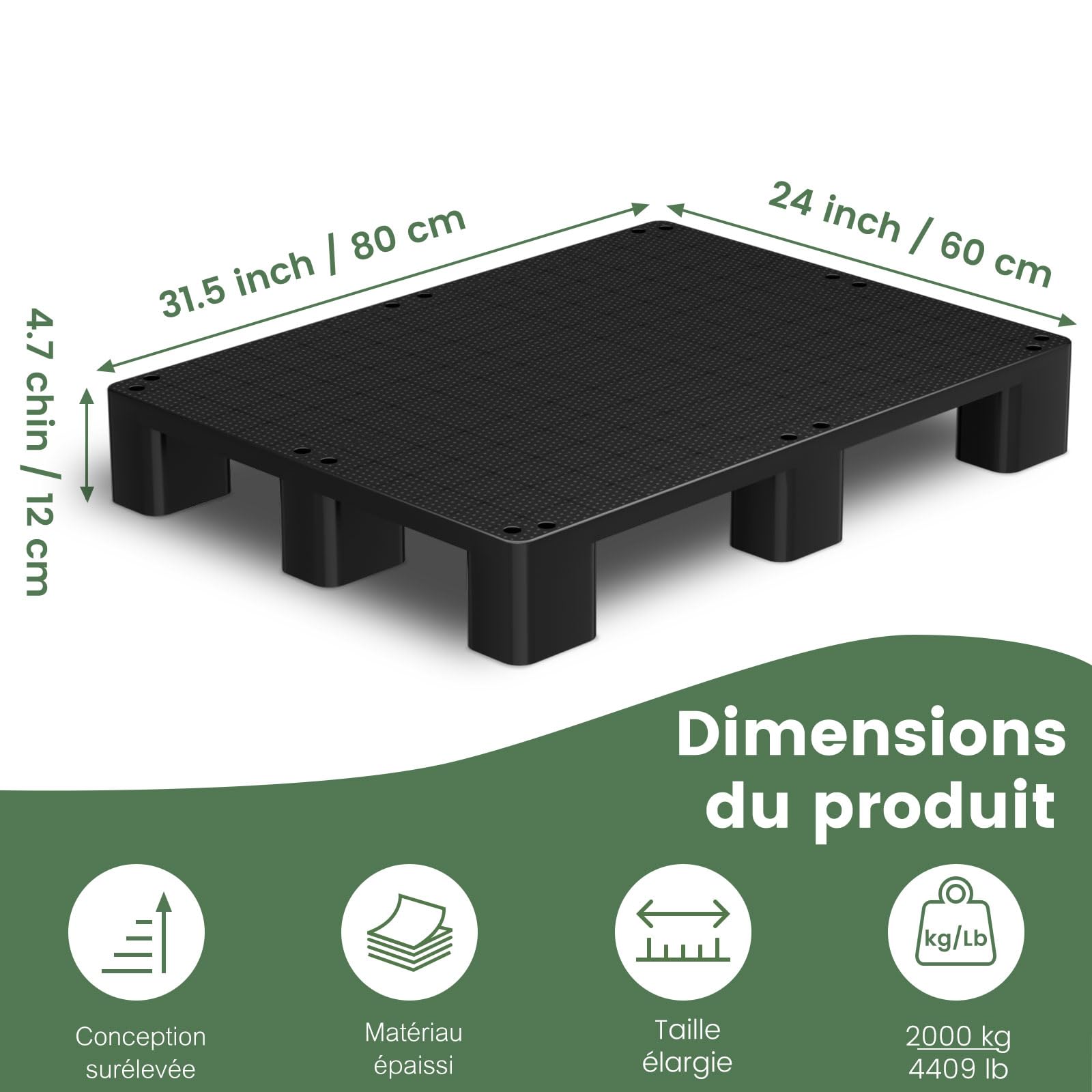 VigiFront Palette en Plastique, 80x60x12cm, Antidérapantes Et Imperméables, Faciles À Empiler, Adaptées Aux Supermarchés Et Aux Entrepôts
