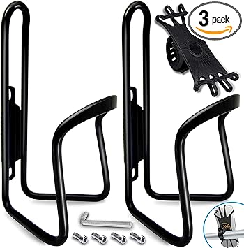 2 Pack-Water Bottle Cages (with Silicone Phone Mount), Upgrade Alloy Aluminum Lightweight Water Bottle Holder Cages Brackets,Bicycle Water Bottle Cage for Road&Mountain Bikes(Drilled Holes Required)