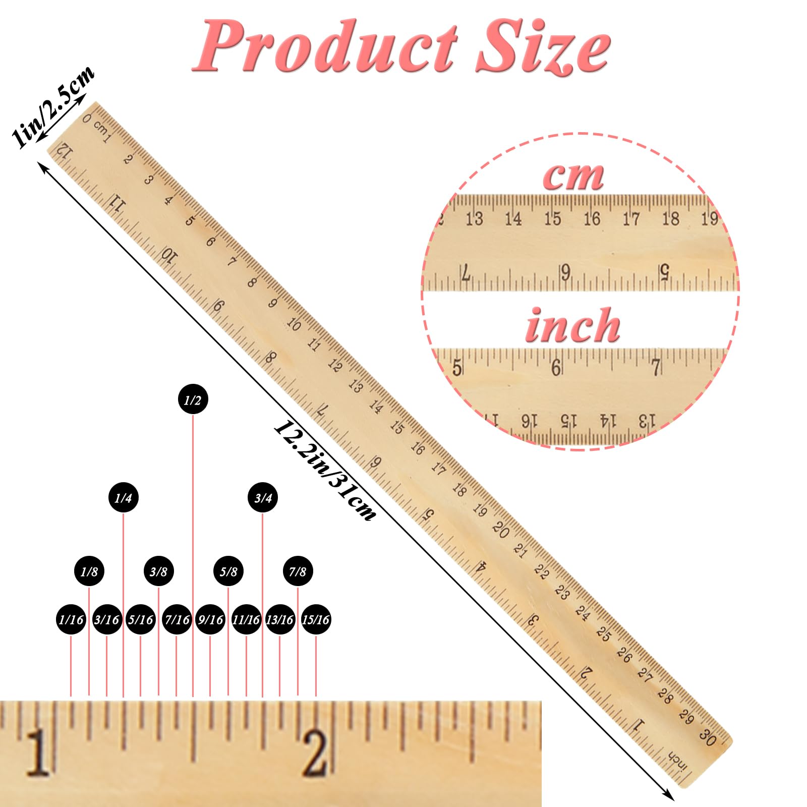QTLCOHD 144 Stück 30,5 cm Holzlineal, Kiefernholz, Messlineale Bulk für Studenten, Klassenzimmer, Zuhause, Büro, 2 Skalen, 30 cm