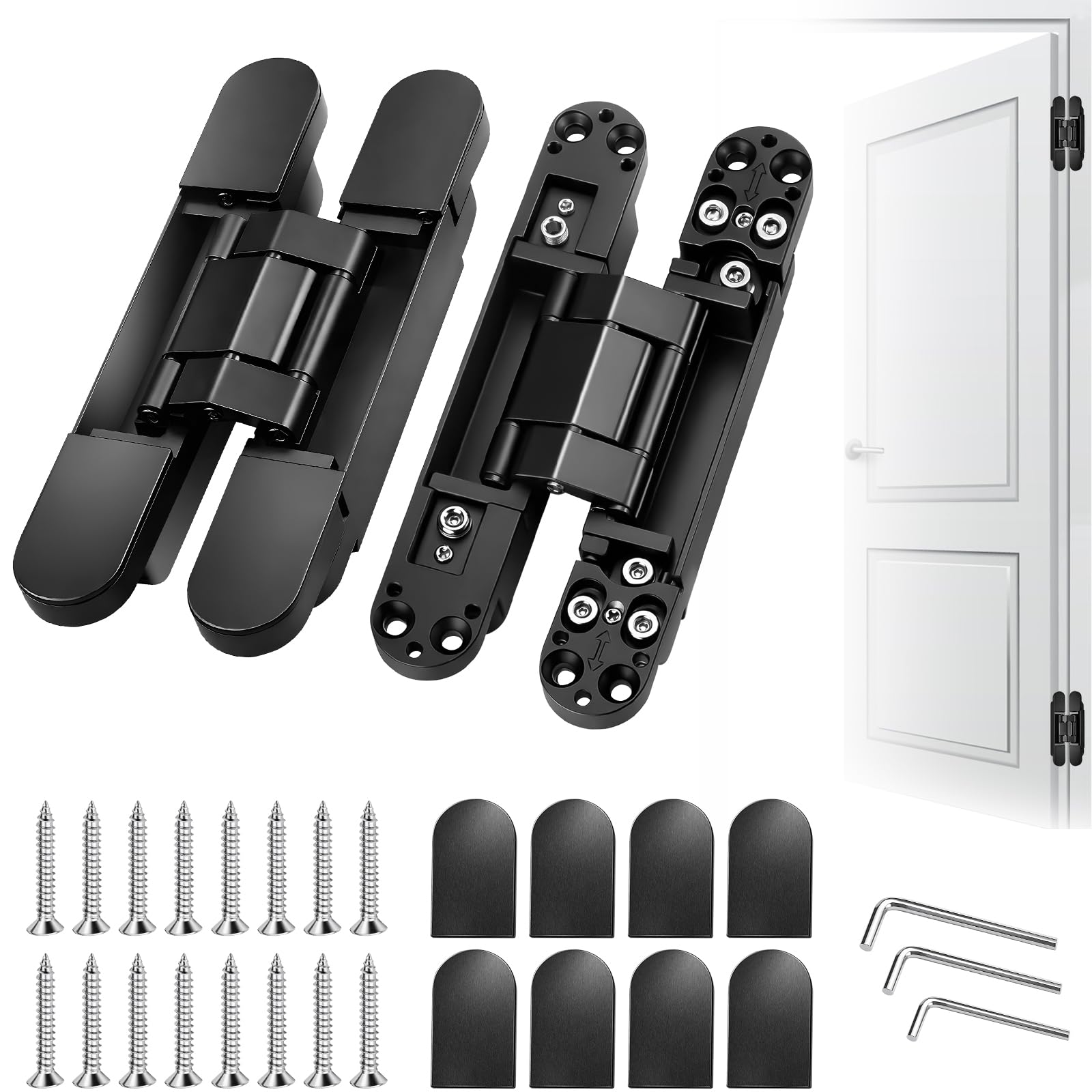 2 Pack Hidden Door Hinges Invisible Hinges Concealed Hinges Zinc Alloy 180 Degree Swing Hinge 3 Way Adjustable Butt Hinge for Bookcase Cabinet Folding Doors
