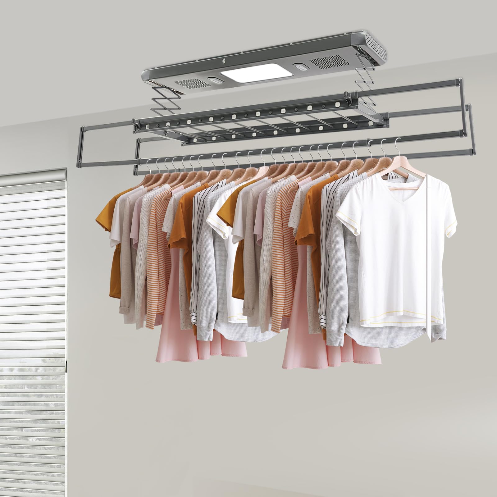 Elektrischer Decken-Wäschetrockner, Wäscheständer Decke mit Fernbedienung & LED-Licht, Höhenverstellbar 110cm, Decke Ausziehbarer Wäschehalter Für Balkon/Bad (Grau)
