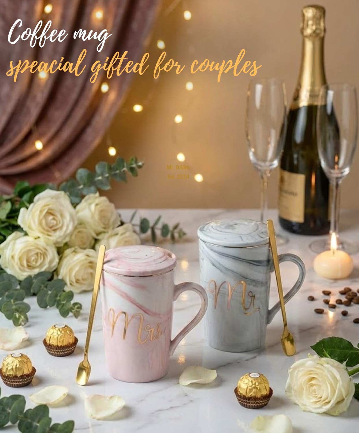 NYRWANA Coffee Mug, Wedding Present for Couples, Rakhi for Brother and Bhabhi with Gift, Mr & Mrs Set of 2 Coffee Mugs, Lids, Golden Spoon & Beautiful Gift Box (380ml-Ceramic) 2