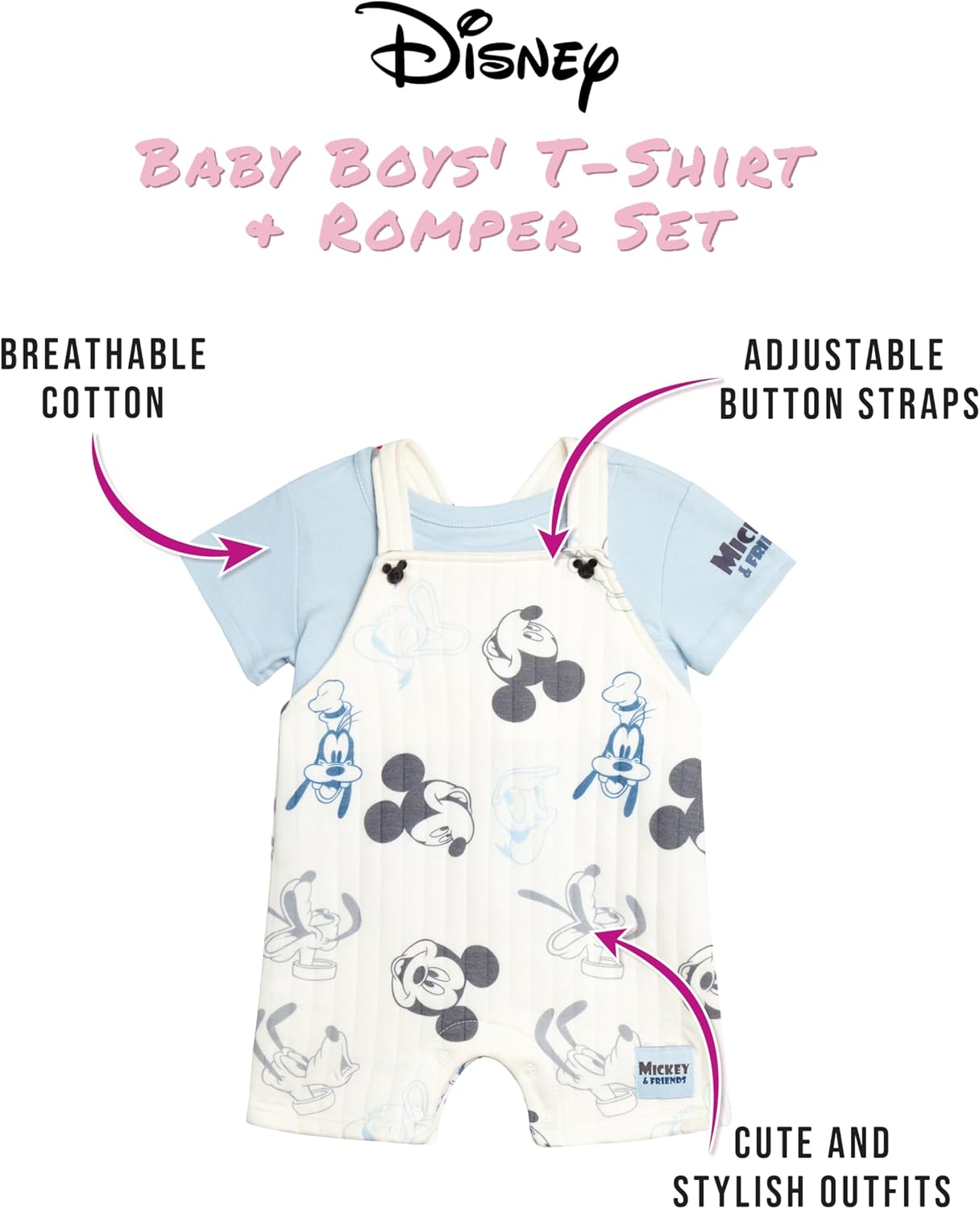 Disney Baby Boys Shorts Set - 2 Piece Spiderman Mickey Mouse Cars Winnie the Pooh Shortall Romper Shirt Short Set (0-3M-24M)