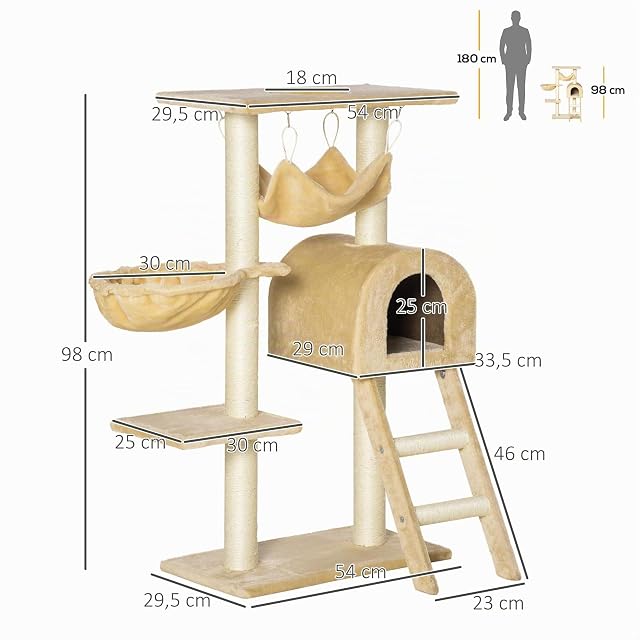 Foto 7 de 8 de PawHut Árbol Rascador para Gatos Altura 98 cm Torre Escalador con Cueva Cesta Hamaca Escalera Plataformas…