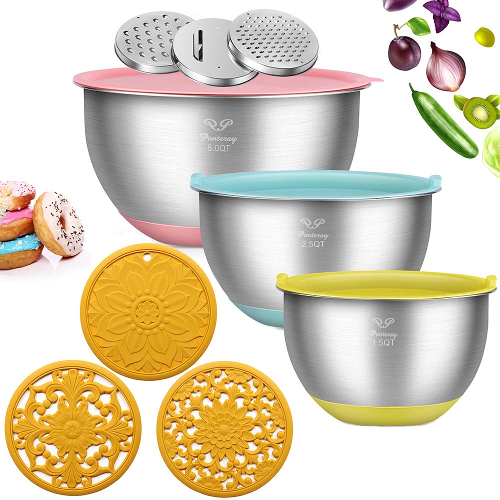 Mixing Bowls with Lids and 3 Graters,Super Thickened Stainless Steel Salad Bowl(Set of 3,1.5QT/2.5QT/5QT) for Cooking,Baking,Food Storage,Drawing Surface,Scratches Resistance,Including 3 Silicone Mats