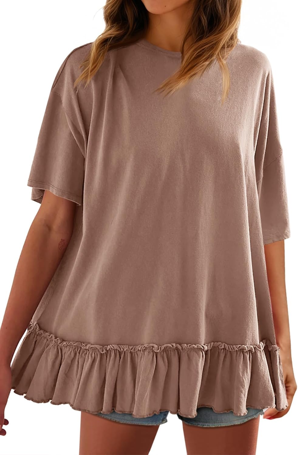 Tankaneo Womens Peplum Oversized Tshirt Summer Flowy Casual Shirt Dress Crew Neck Pleated Babydoll Beach Tunic Tops