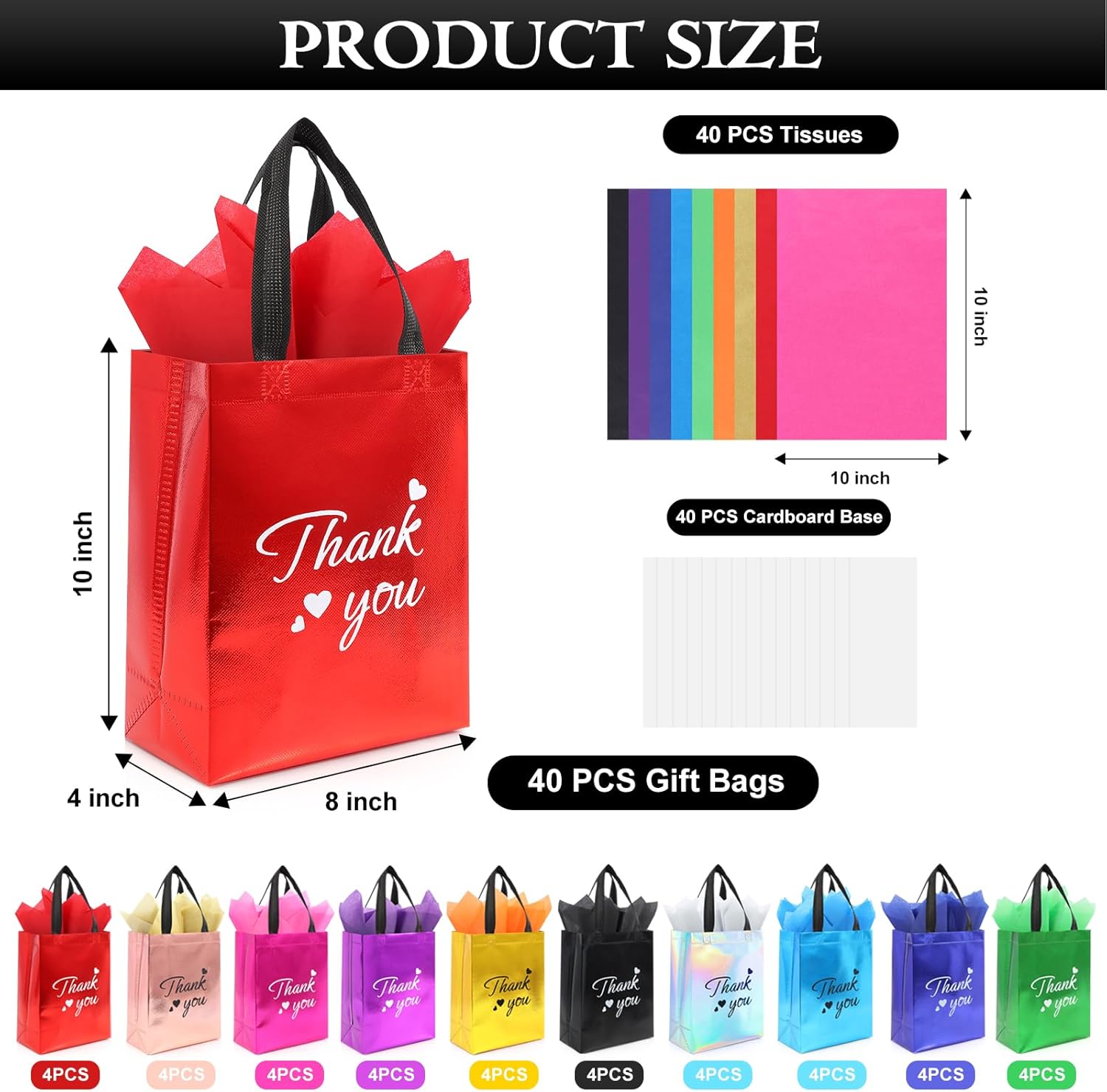 Addblu 120 Pcs Reusable Gift Bags with Handles - Includes 40 Thank You Gift Bags, 40 Tissue Papers, 40 Cardboard Bases for Employee Appreciation Gifts Bulk, Team, Staff, Teachers, Coworkers, Business (Mix Color, 40PCS)