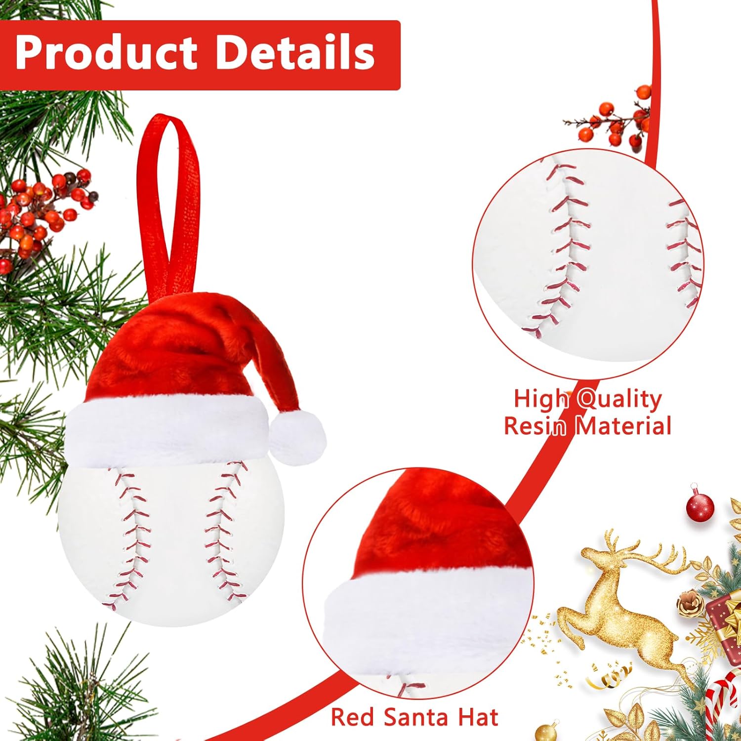 4.7 Inches Christmas Soccer Ball Ornament with Red Santa hat, 2025 Resin Christmas Ball Ornaments for Christmas Tree Decoration, Holiday Hanging Balls Baubles for Home Party Supplies - Image 3