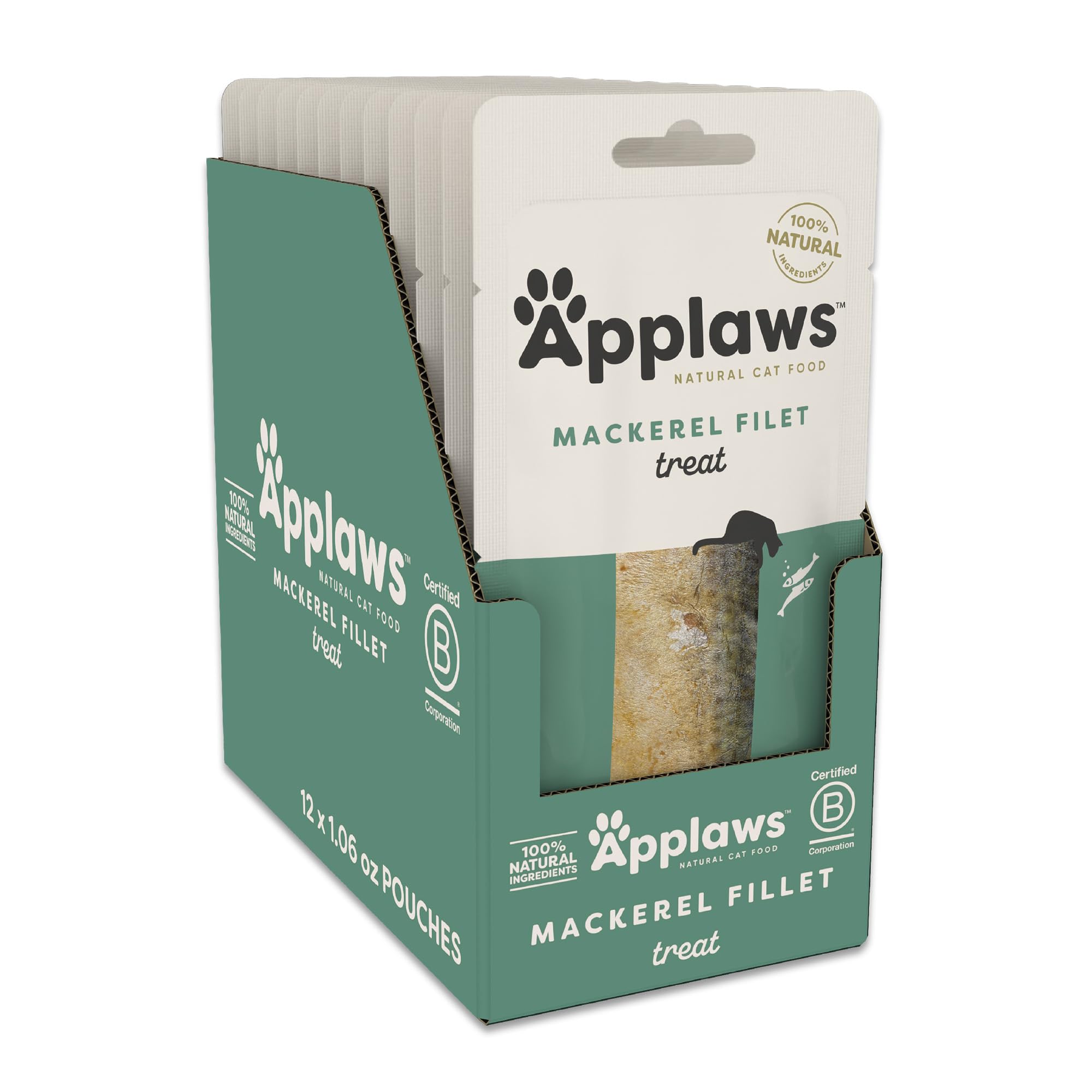 Applaws Natural Cat Treats, Grain-Free, High-Protein Whole Mackerel Loins, Single-Ingredient Healthy Snack for Cats (12 x 1.06 oz Loins)