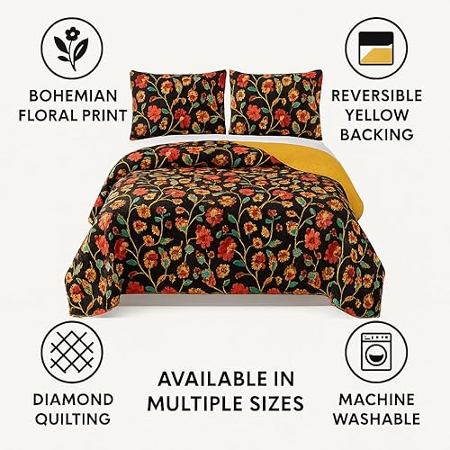 Miniatura 2 de DaDa Bedding Collection Marigold's Elegant Autumn Garden - Juego de colcha reversible acolchada  Brillante vibrante floral multicolor sólido mostaza