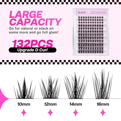 Miniatura 3 de CALAILIS Pestañas en racimo, 132 unidades, extensiones de pestañas rizadas en D, extensiones de pestañas de megvolumen reutilizables, pestañas
