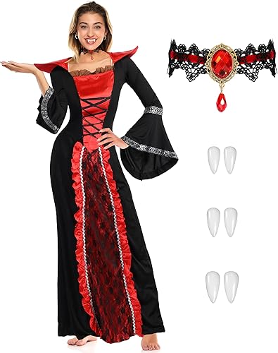 Miniatura 2 de 5 Pcs Royal Vampire Costume Set for Girls Vampire Themed Party Victorian Vampiress Queen Role Playing Halloween Party