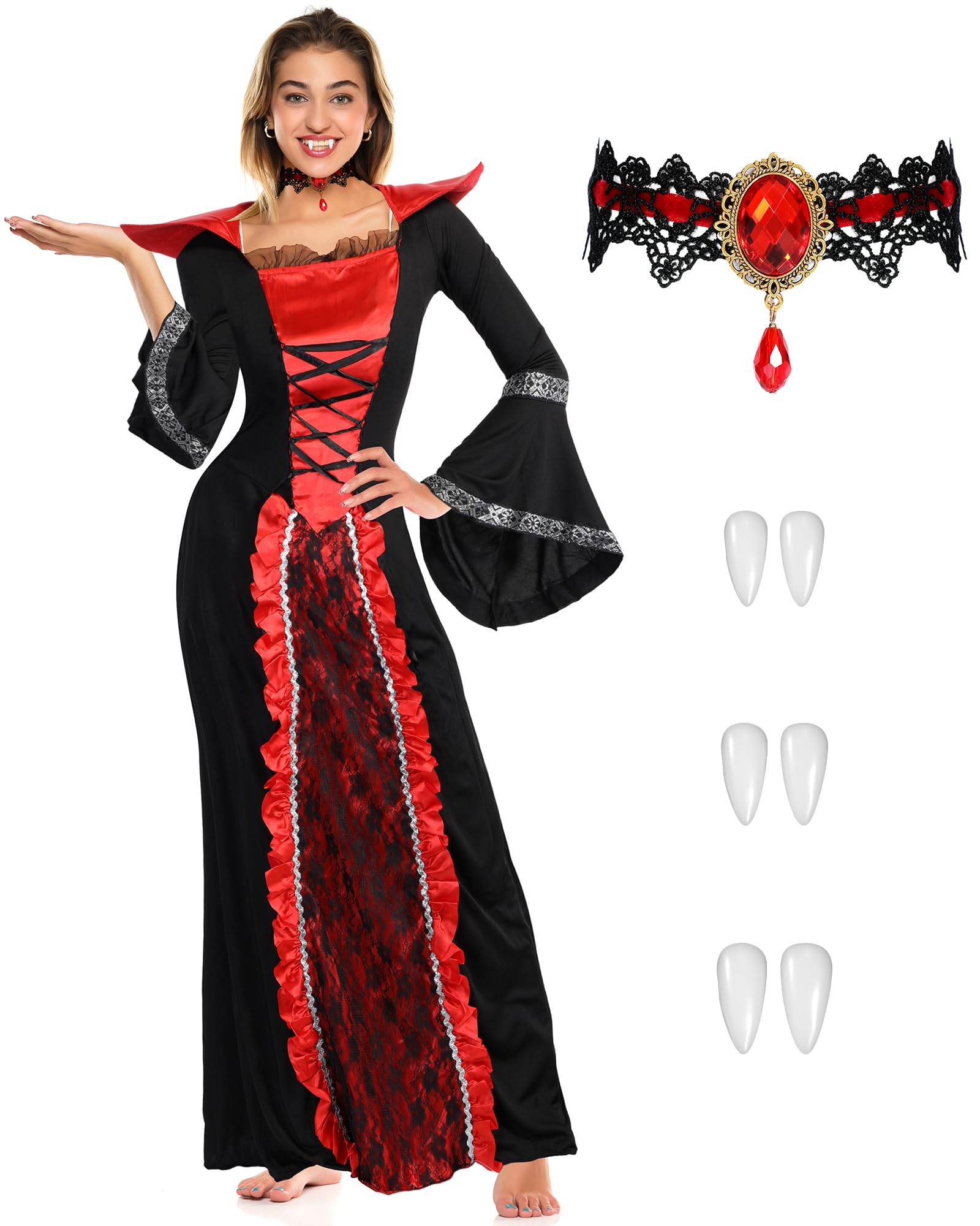 Xtinmee5 Pcs Royal Vampire Costume Set for Women Victorian Vampiress Queen Role Playing Halloween Party
