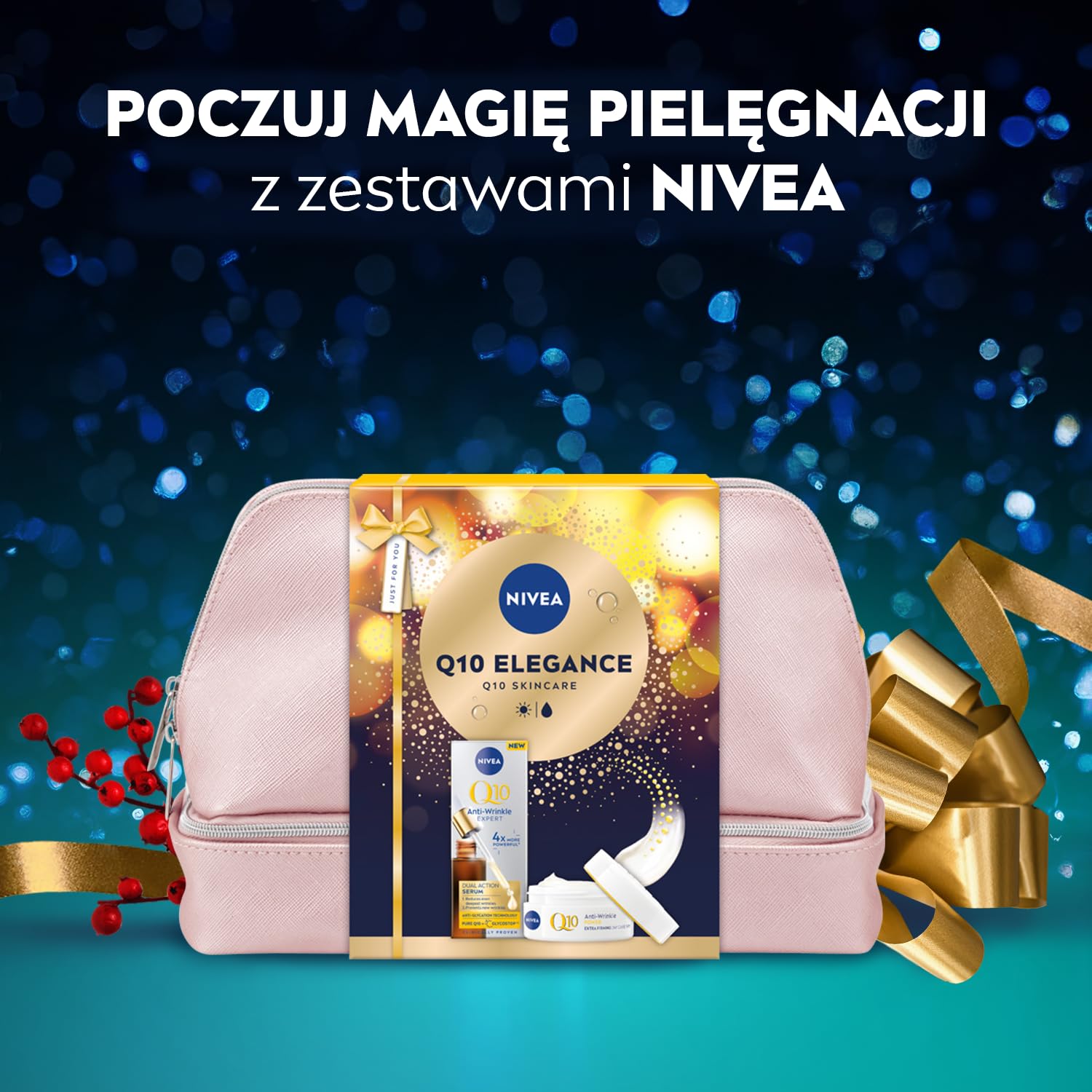 NIVEA Q10 Elegance Świąteczny prezent - Zestaw kosmetyków dla kobiet do twarzy: serum i krem Q10 + kosmetyczka GRATIS