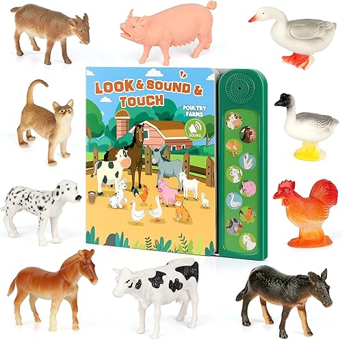 Figuras de animales de granja, juguetes con 10 figuras de animales de plástico realistas y libro de sonido para niños, juguetes educativos de