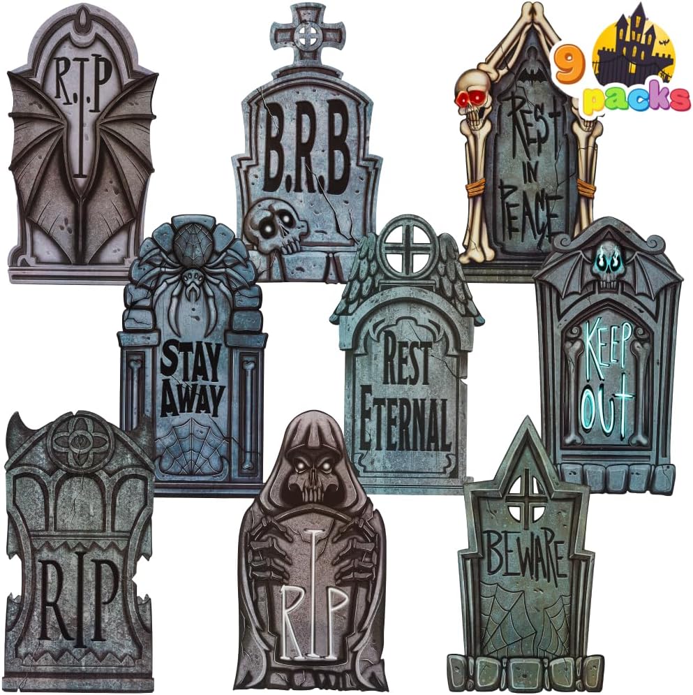 JOYIN 16" 9 Pcs Halloween Tombstones Decorations Outdoor Graveyard Decor, Yard Lawn Cemetery Plastic Headstones with 18 Metal Stakes for Halloween Indoor Prop Decorations, Party Decor Supplies Classic