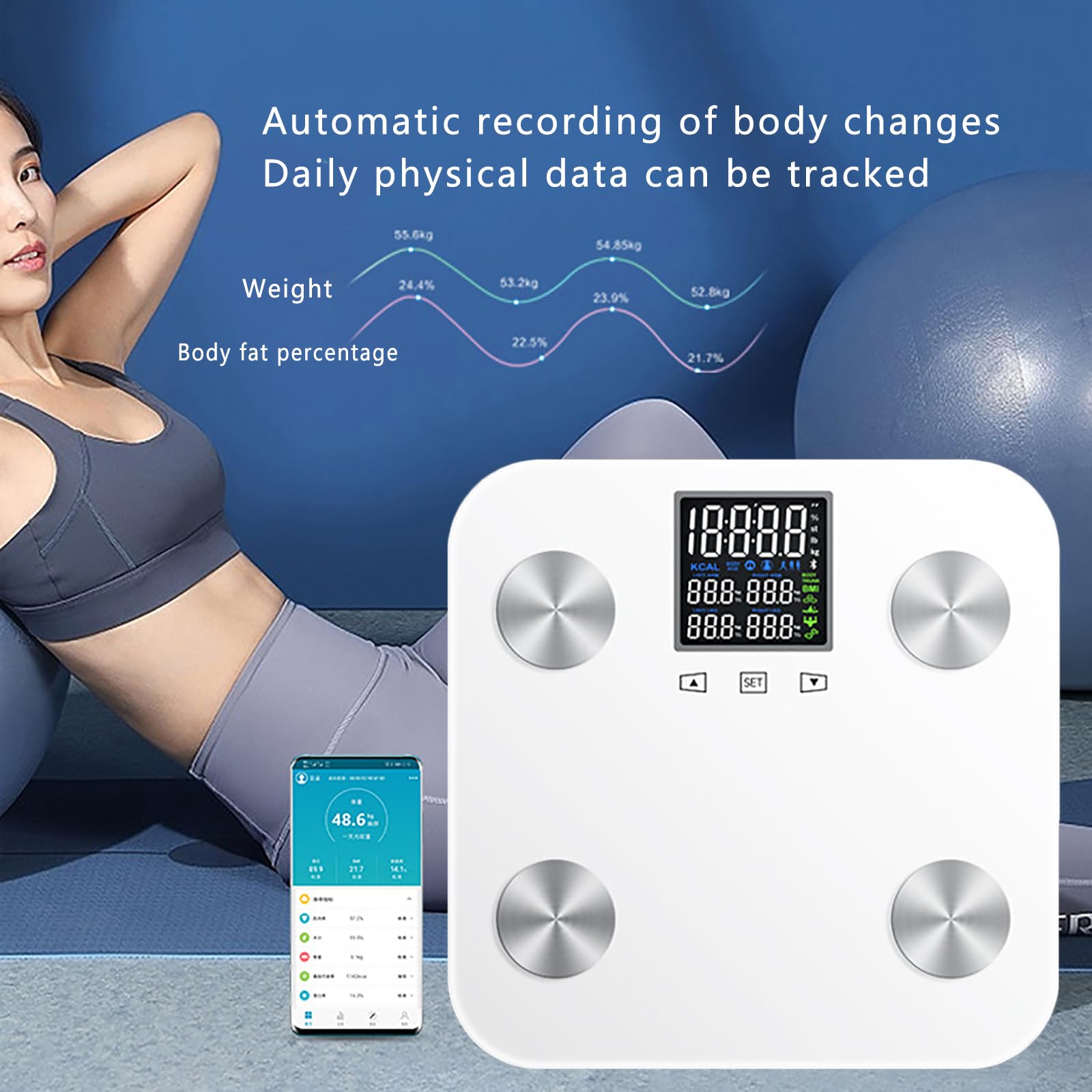 Báscula De Grasa Corporal para Porcentaje De Grasa, Masa Muscular Y Ósea, Báscula Inteligente De IMC con Aplicación De Fitness, Alta Precisión Y Máximo 400 Lb/180 Kg, para El Hogar, Baño