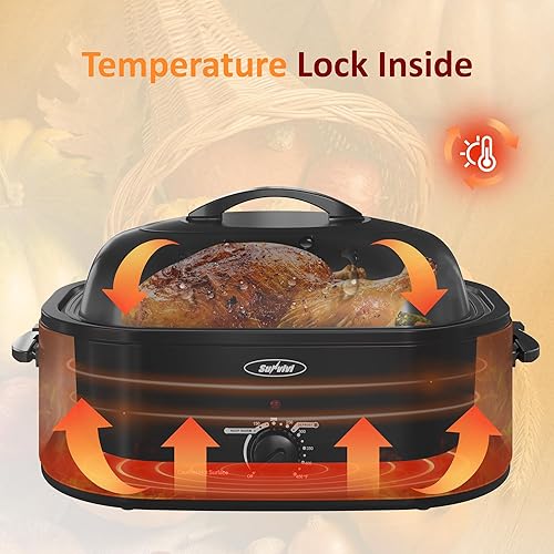 Miniatura 29 de Sunvivi Horno asador eléctrico de 24 cuartos de galón con tapa visible autohilvanado, horno asador de pavo con sartén y estante extraíbles, perfecto