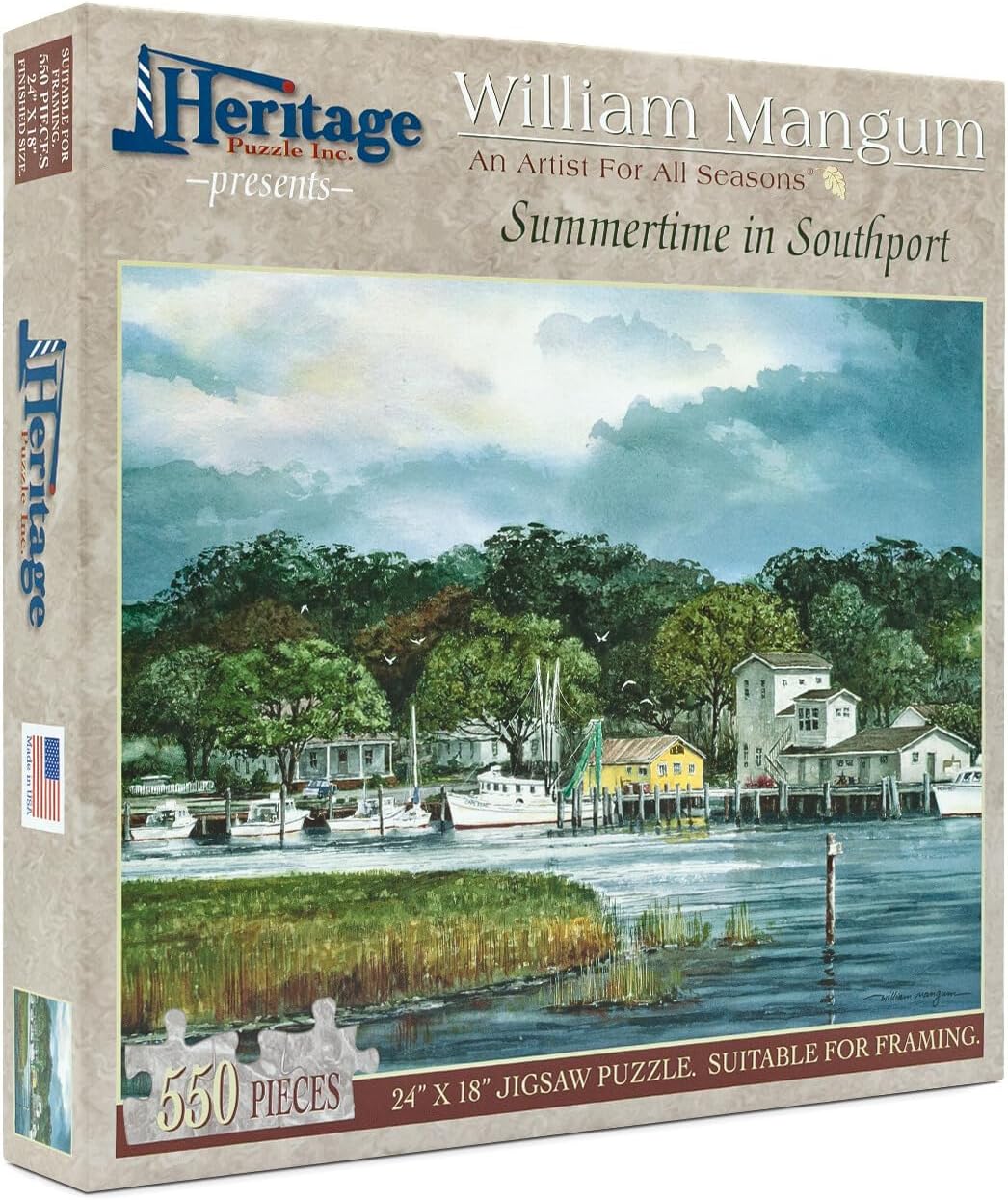 Heritage Puzzle - Summertime in Southport by William Mangum 550 Piece Puzzles for Adults - Coastal Harbor Summer Scene Jigsaw Puzzles, Frameable Jigsaw Puzzle 18"" x 24"" Finished Size
