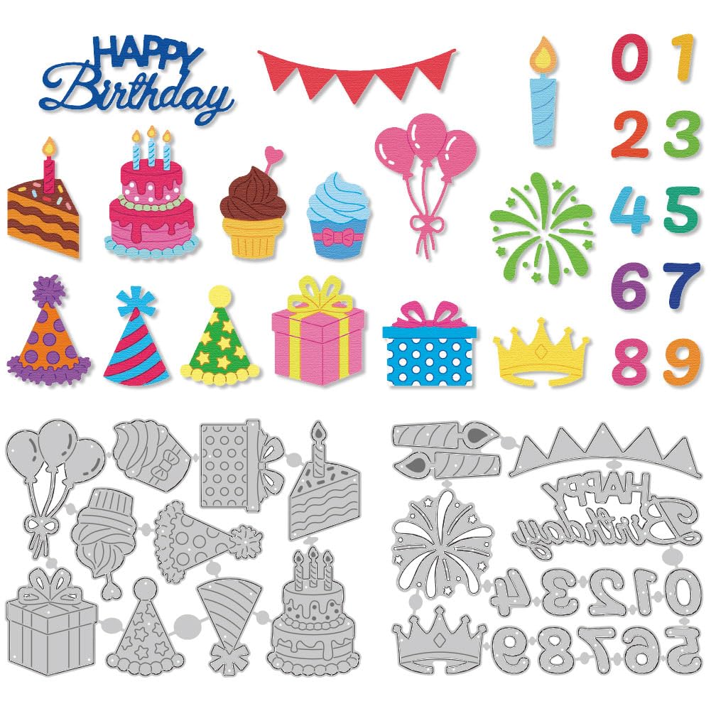 DELORIGIN 16styles Birthday Element Icons Cutting Dies Card Making Die Stencil Carbon Steel Die Cuts Card Scrapbooking Embossing Template Dies for Birthday Greeting Cards Craft Album Invitation Decor