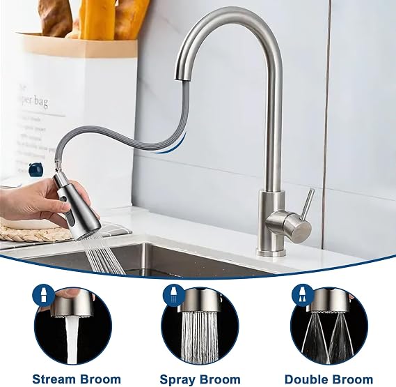 MEETOZ Kitchen Sink Tap Mixer with Pull Out Sprayer Stainless Steel Sink Tap Mixer for Kitchen Single Lever 360° Rotation High Spout