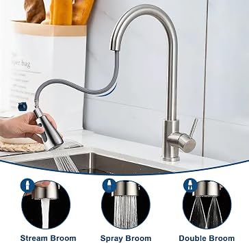 MEETOZ Kitchen Sink Tap Mixer with Pull Out Sprayer Stainless Steel Sink Tap Mixer for Kitchen Single Lever 360° Rotation High Spout