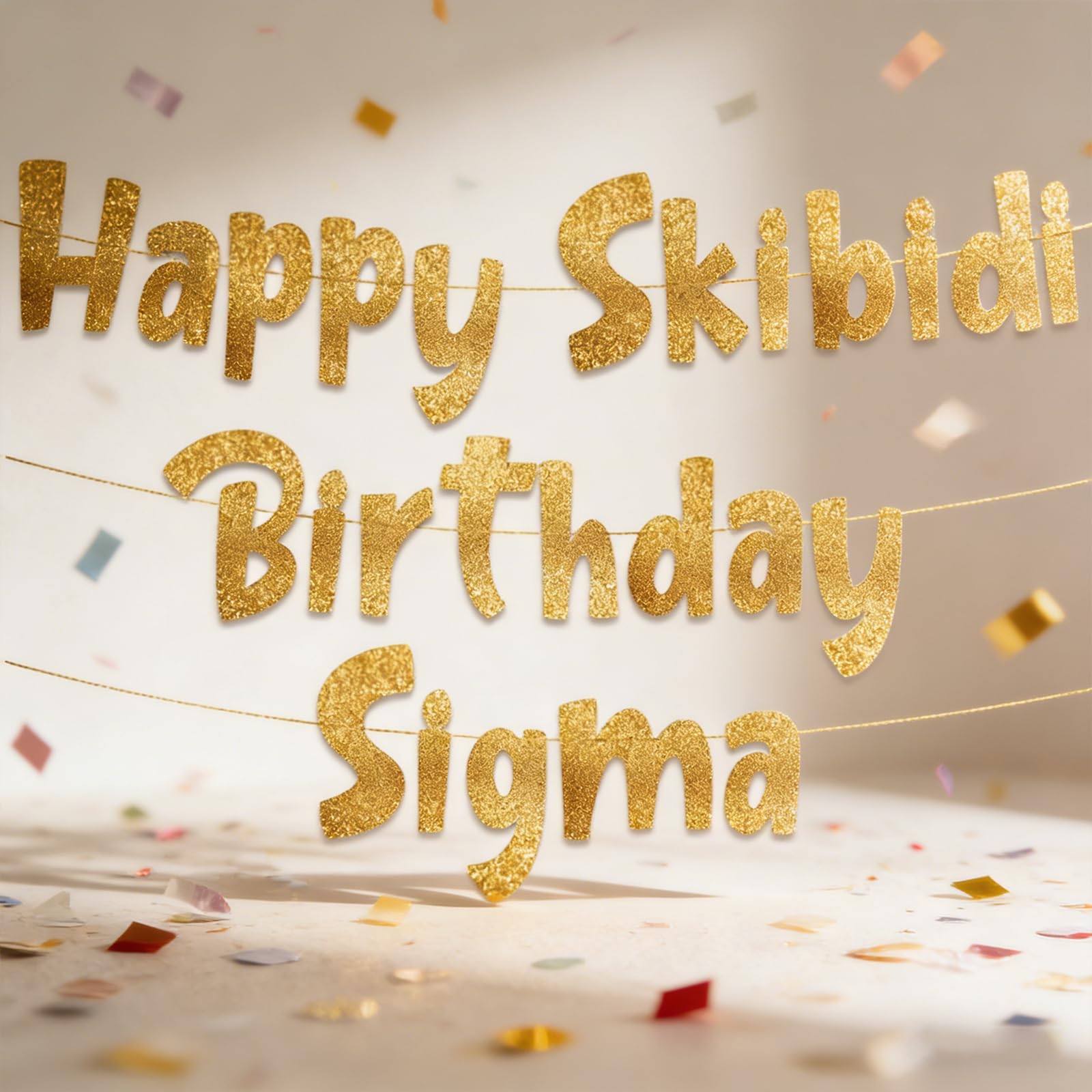 Skibidi Sigma Birthday Banner - Funny Gen Z Party Decorations with Glitter Paper, Includes Threading Needle & Ribbon for Easy Assembly