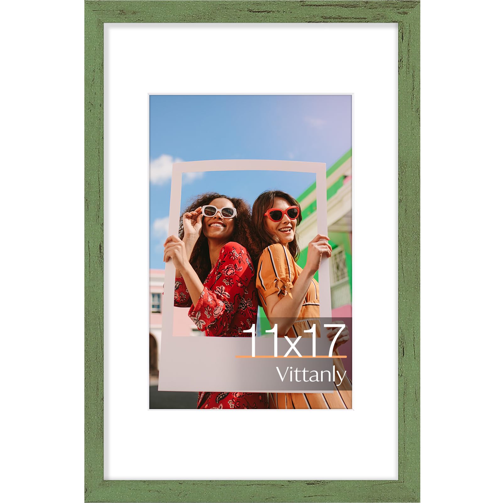 Vittanly 11x17 Picture Frame, Engineered Wood with Shatter Resistant Plexiglass, Display Pictures 8x12 with Mat or 11x17 without Mat, Photo Frame for Wall Mounting, Rustic Green, 1 Pack — image 1