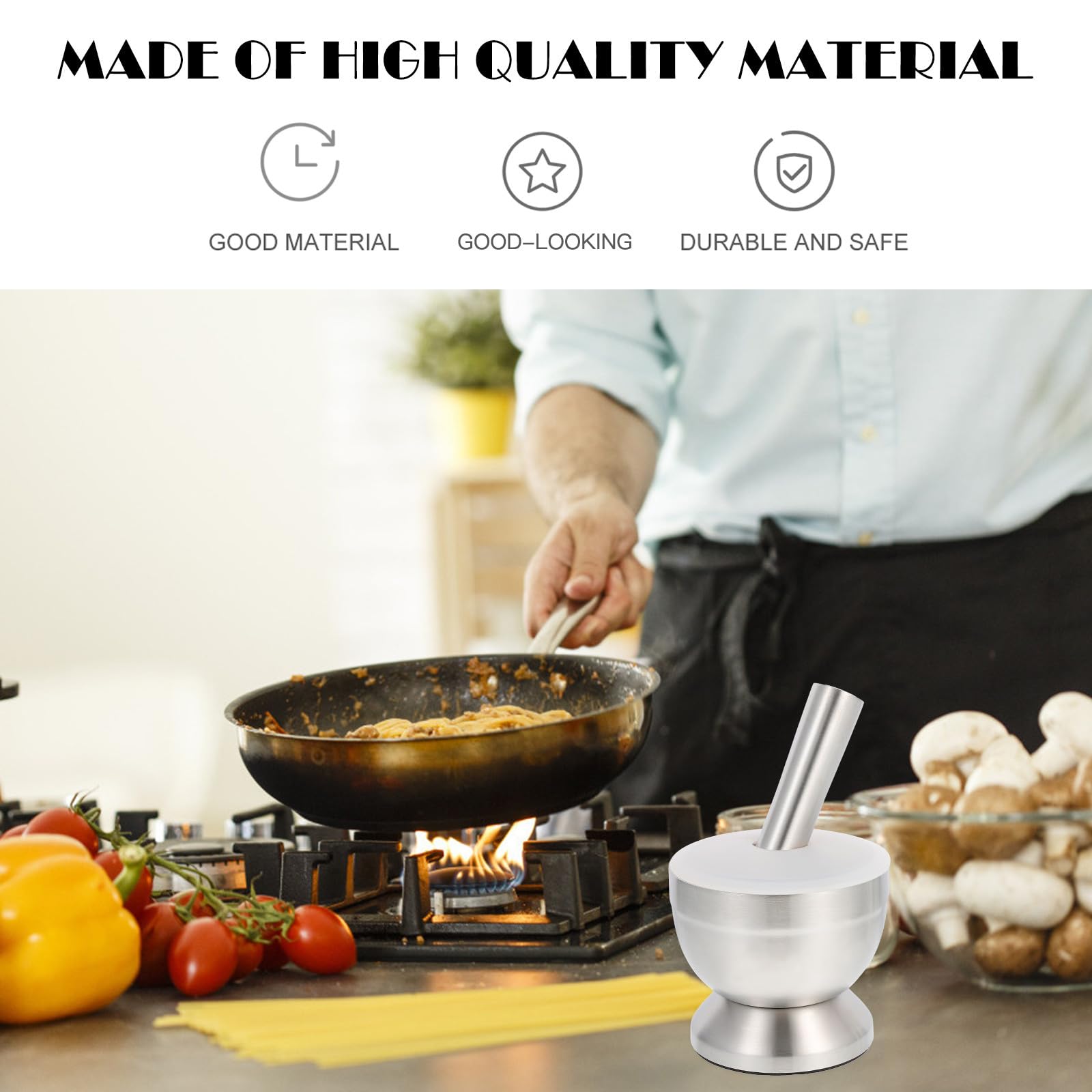 ULTECHNOVO Mortaio in Acciaio Inossidabile per Cucina, Schiaccia Aglio Grande Design Ergonomico, Facile da Conservare, Utile Gadget da Cucina per Miscelare Spezie